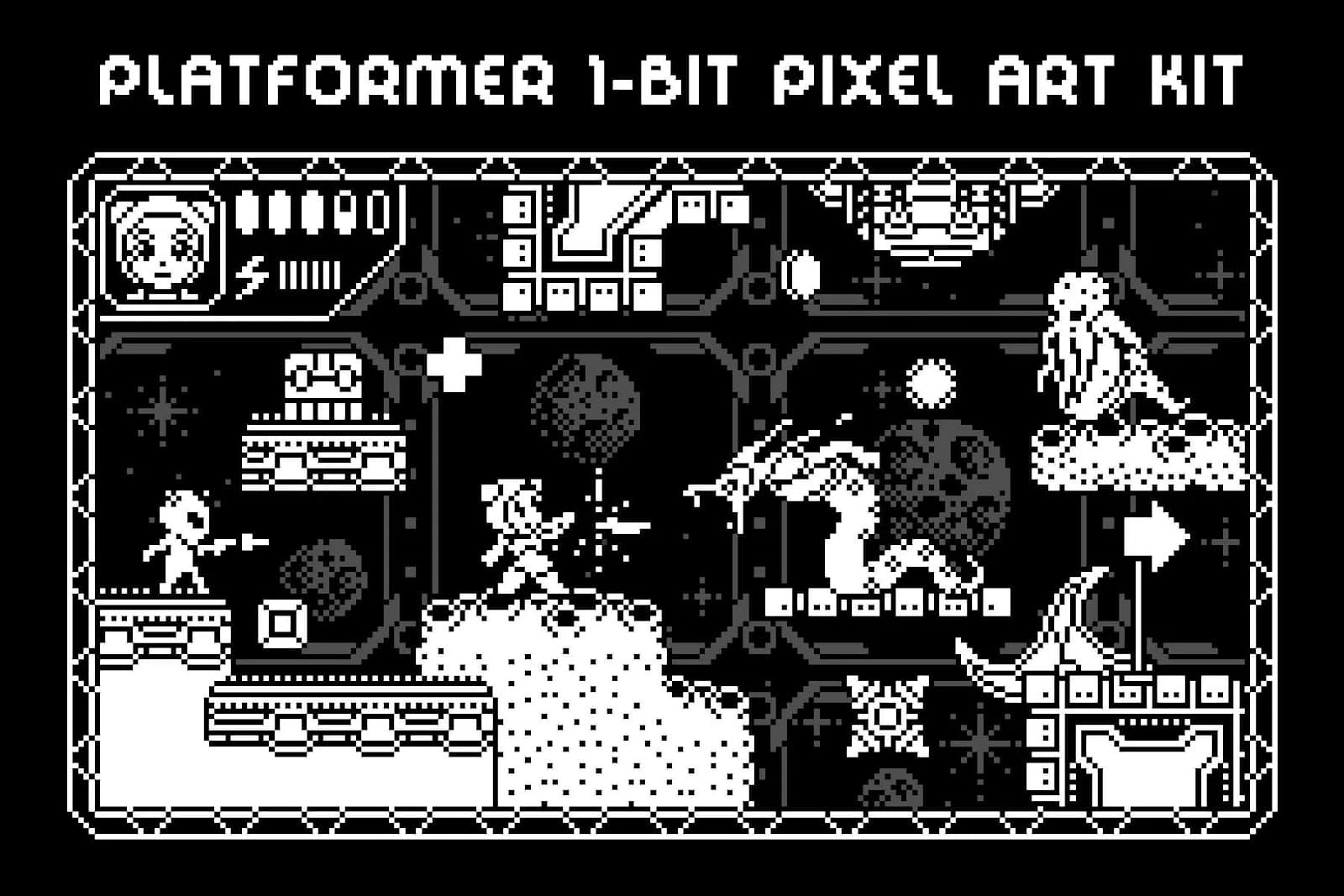 free sci fi platformer 1 bit pixel art game kit